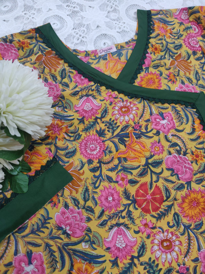 Yellow Printed Cotton Short kurta