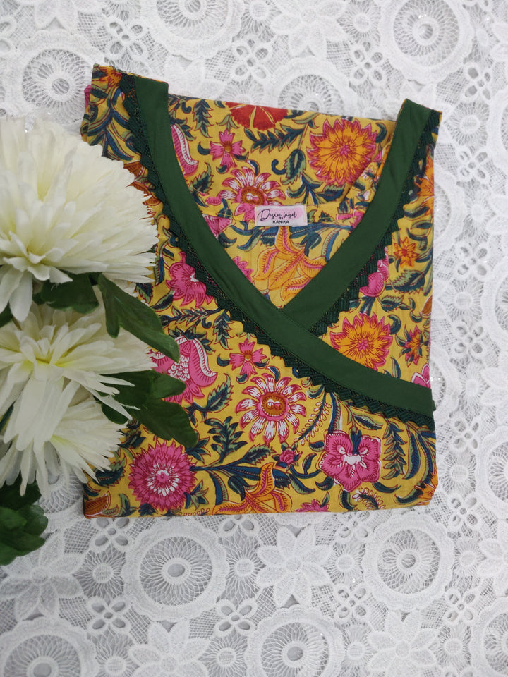 Yellow Printed Cotton Short kurta