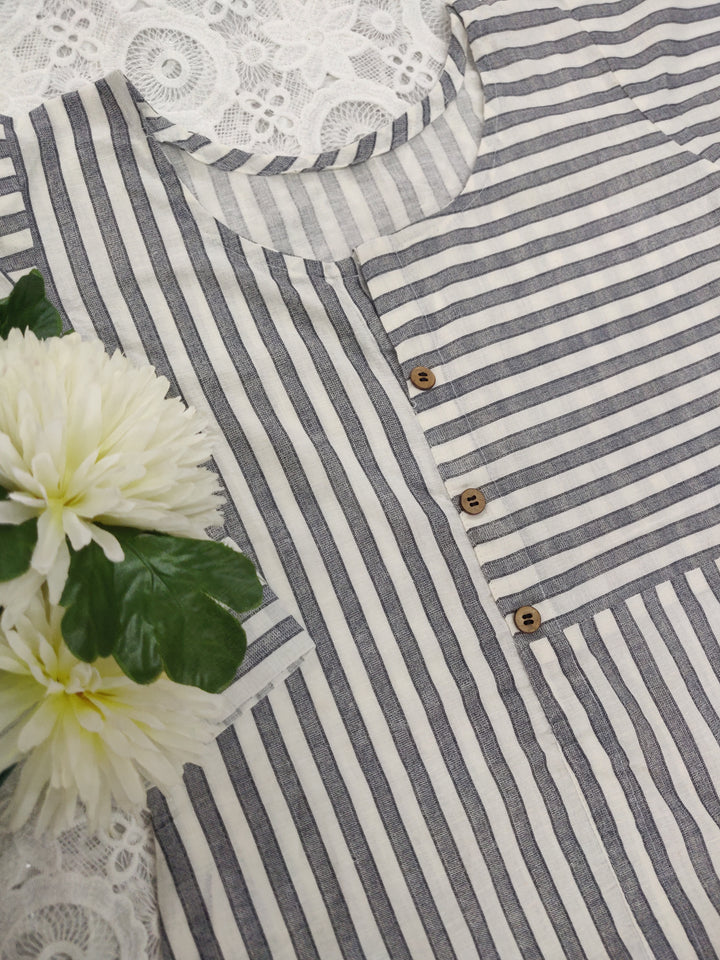 White and Black Printed Cotton Short kurta