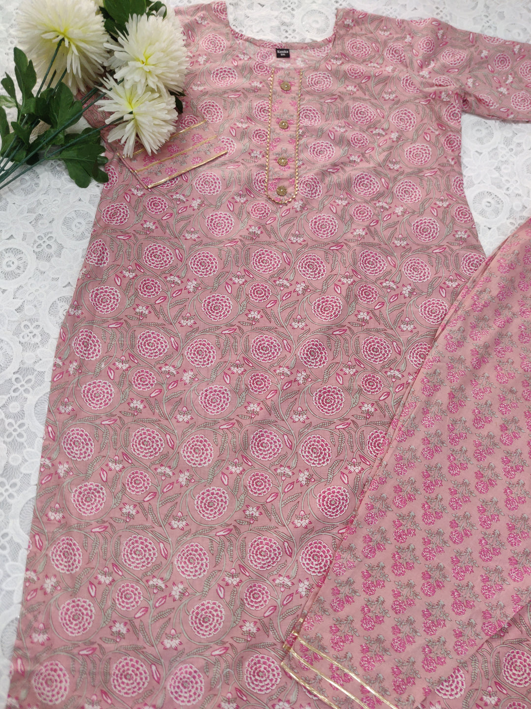 Peach Printed Cotton Suit Set