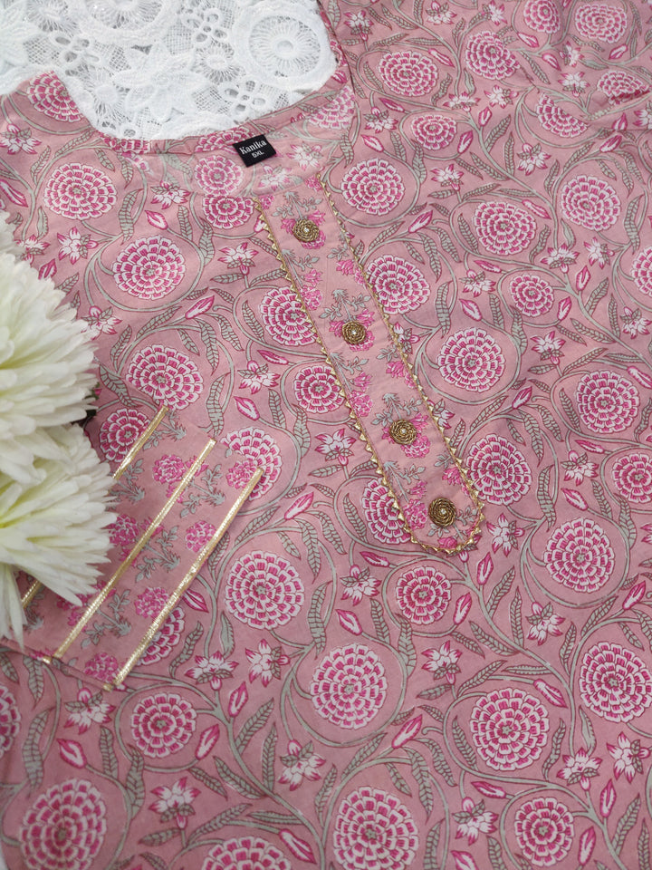 Peach Printed Cotton Suit Set