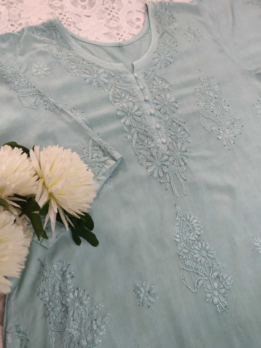 Sea Blue Rayon Chikankari Set -Custom Made