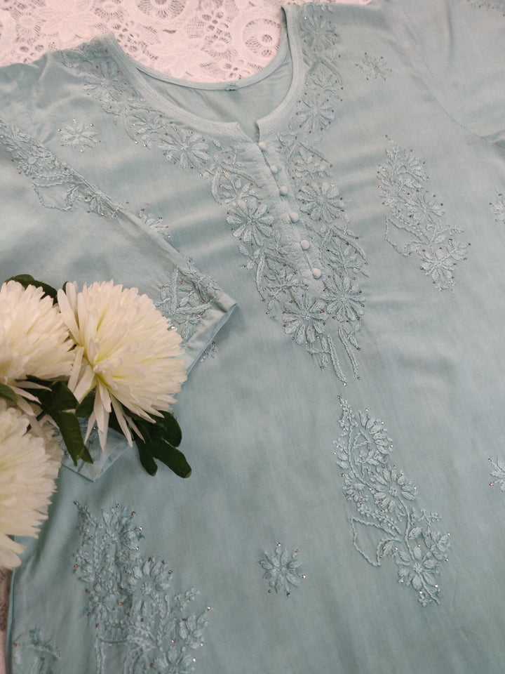 Sea Blue Rayon Chikankari Set -Custom Made