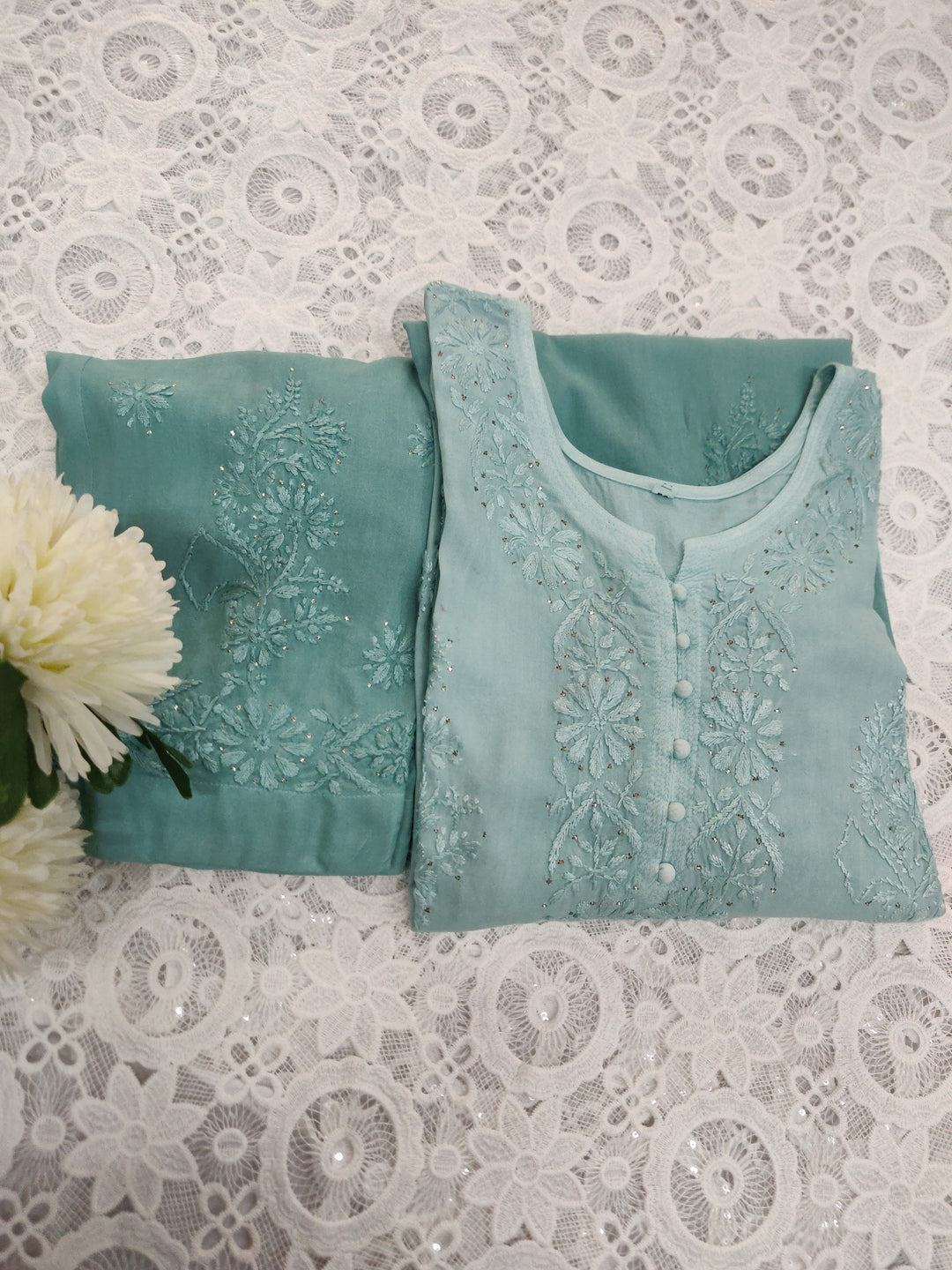 Sea Blue Rayon Chikankari Set -Custom Made