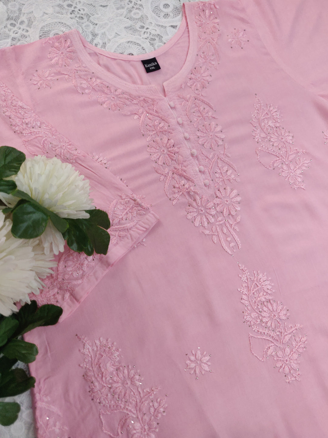 Baby Pink Rayon Chikankari Suit set -Custom Made