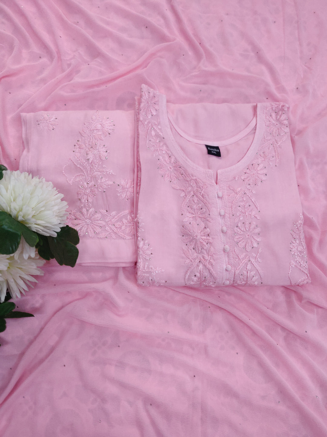 Baby Pink Rayon Chikankari Suit set -Custom Made
