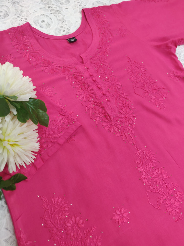 Rani Pink Rayon Chikankari Suit Set -Custom Made