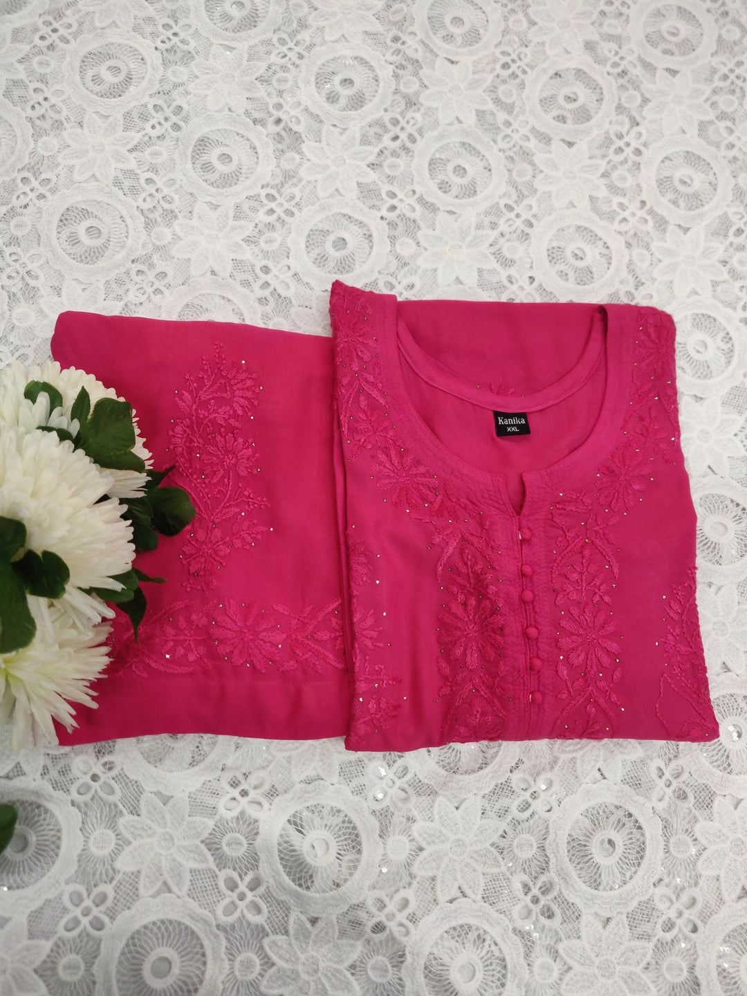 Rani Pink Rayon Chikankari Suit Set -Custom Made