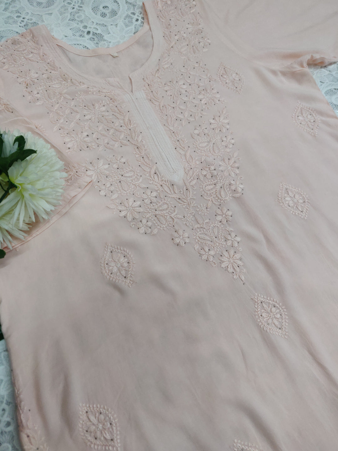 Light Peach Rayon Chikankari Suit Set -Custom Made