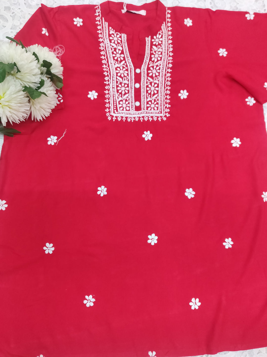 Red Reyon Chikankari Short kurta