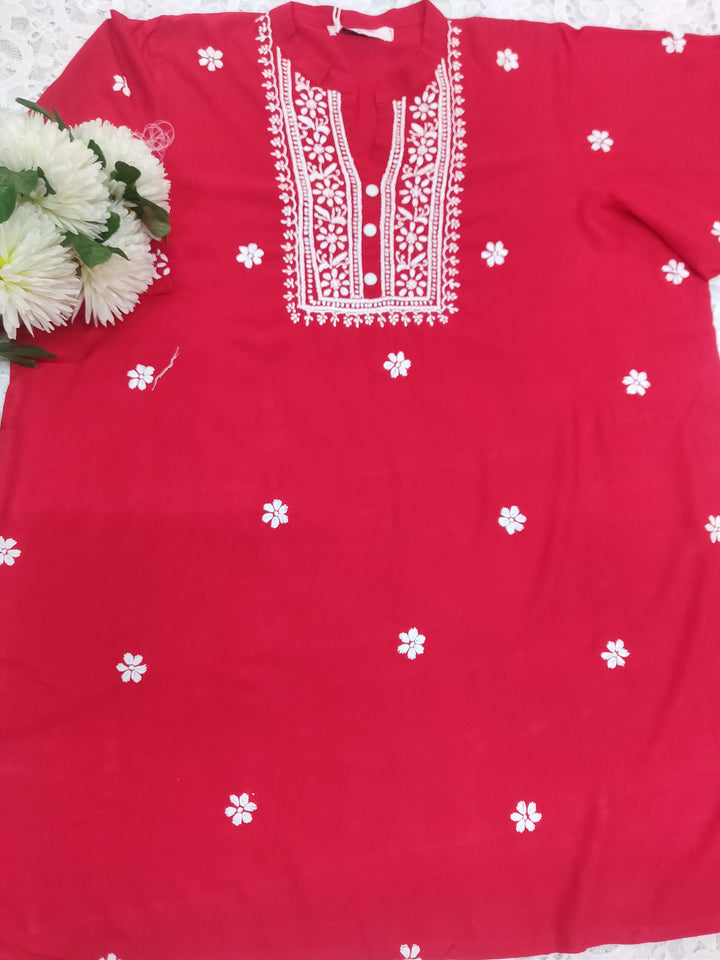 Red Reyon Chikankari Short kurta