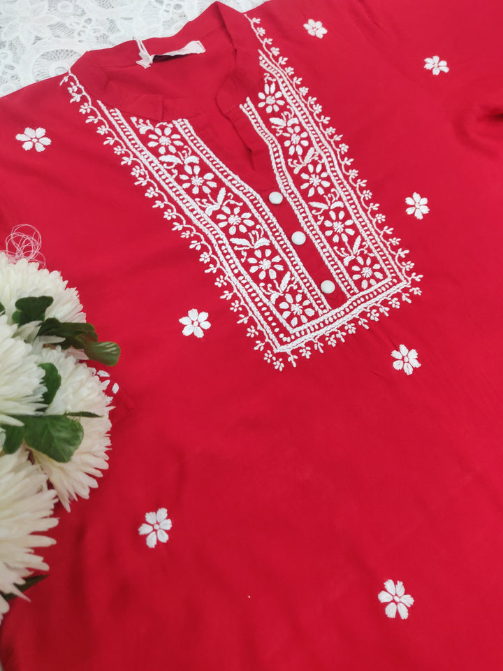 Red Reyon Chikankari Short kurta