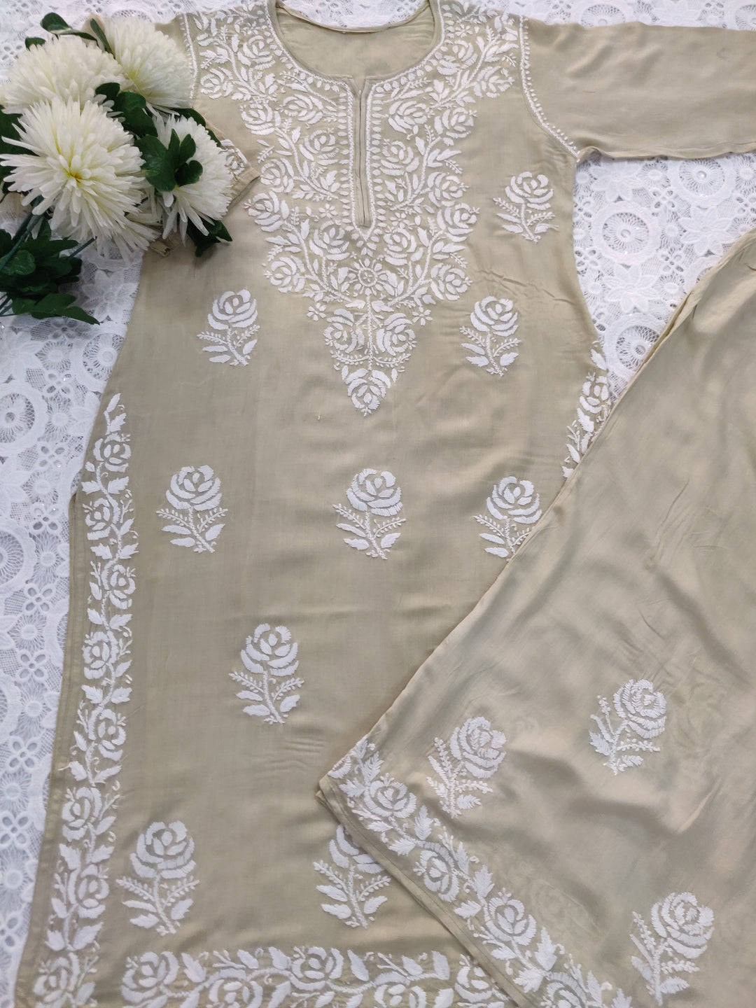 Olive green Modal Chikankari Set