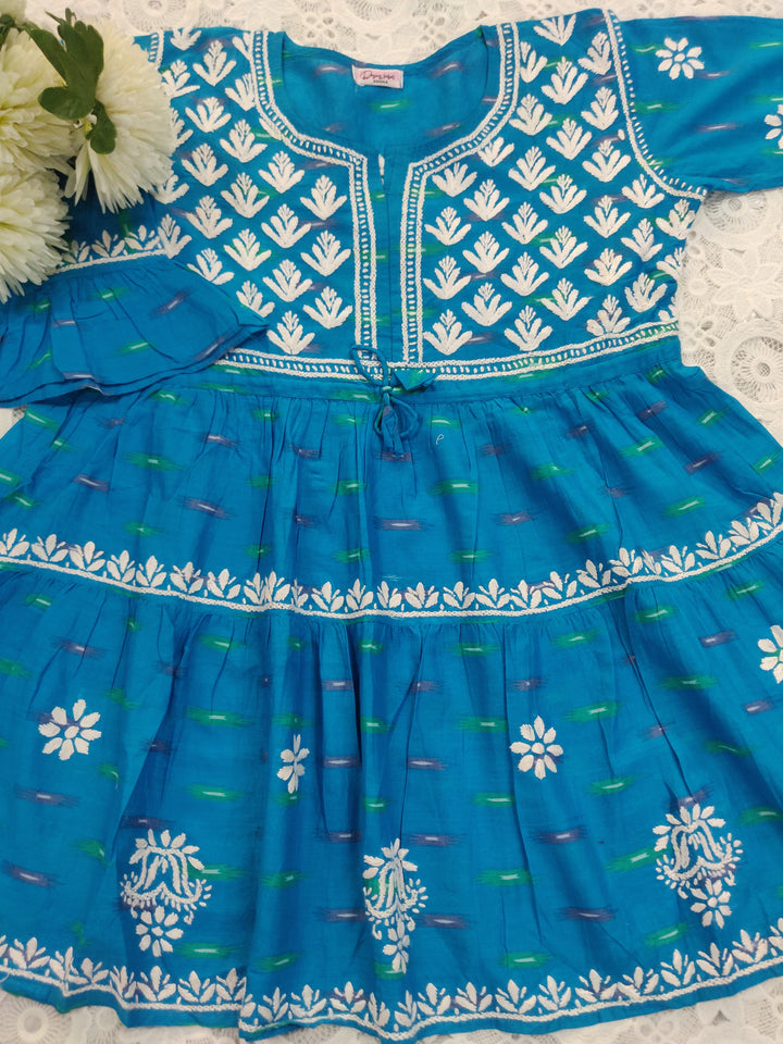 Blue Printed Cotton Chikankari Short kurta