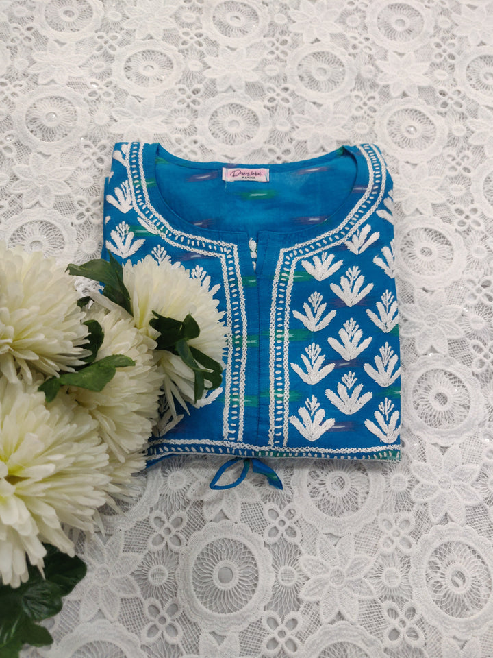 Blue Printed Cotton Chikankari Short kurta