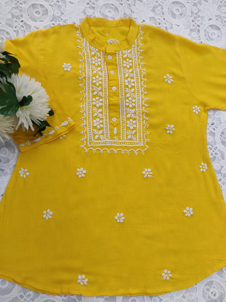 Yellow Cotton Chikankari Short kurta
