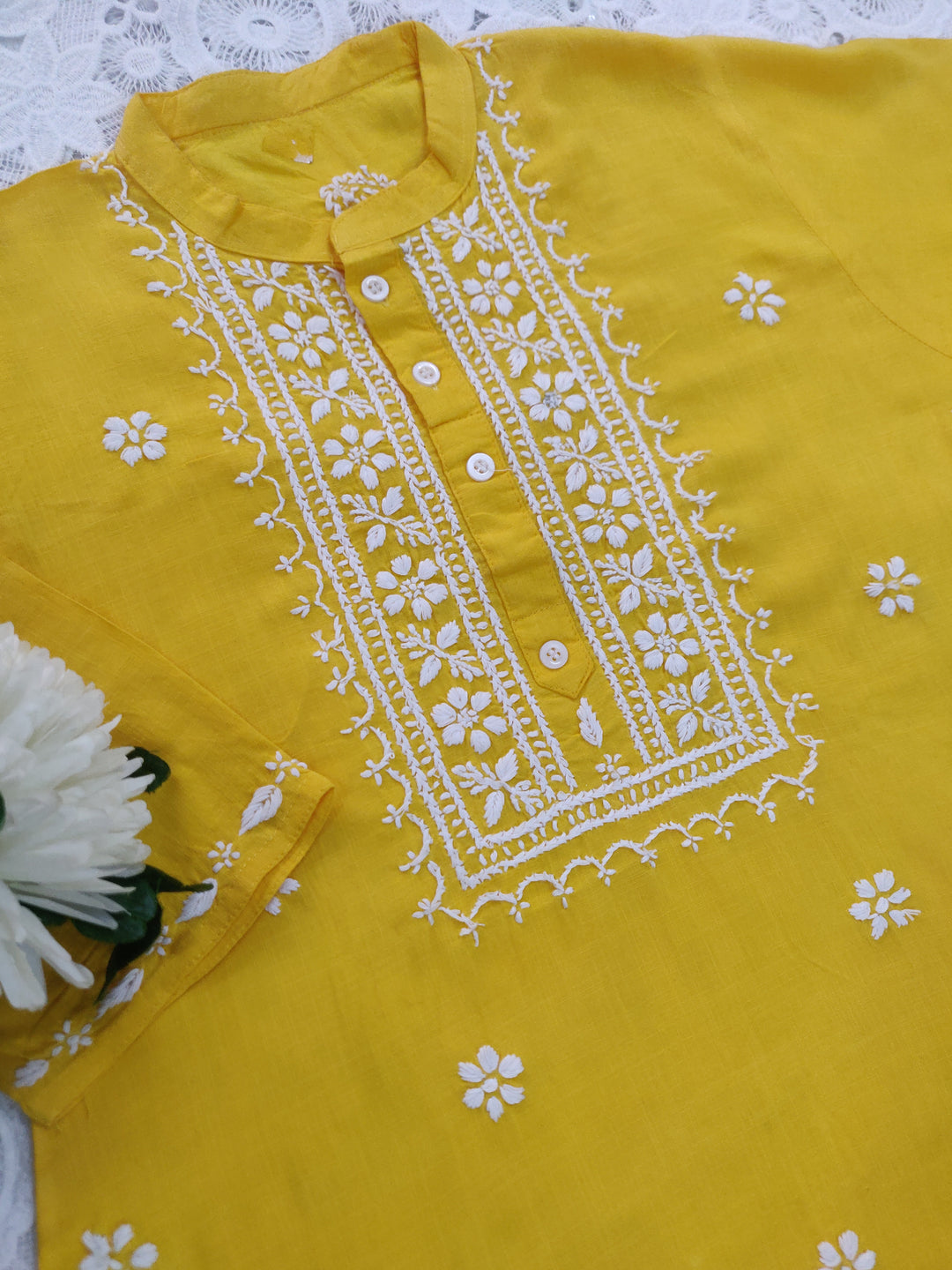 Yellow Cotton Chikankari Short kurta