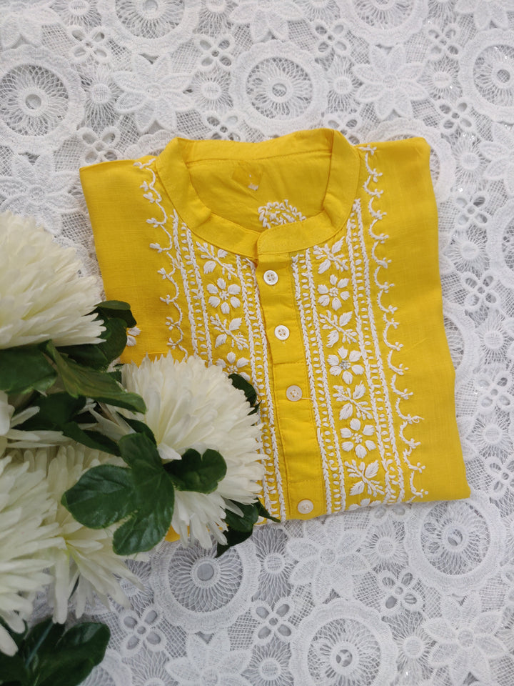 Yellow Cotton Chikankari Short kurta