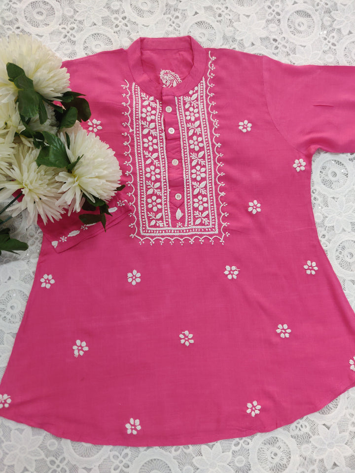 Pink Cotton Chikankari Short kurta