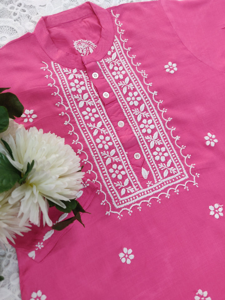 Pink Cotton Chikankari Short kurta