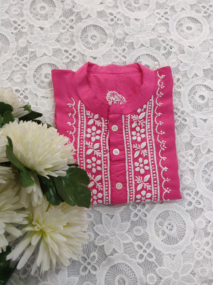 Pink Cotton Chikankari Short kurta