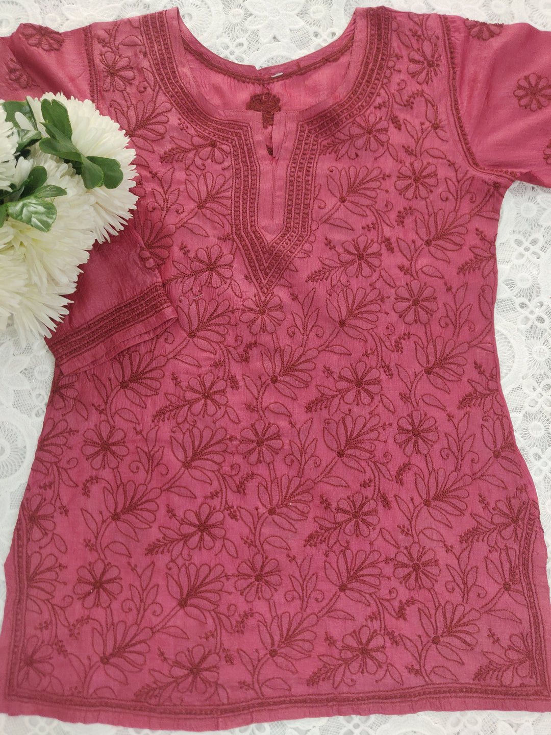 Maroon Silk Chikankari Short kurta