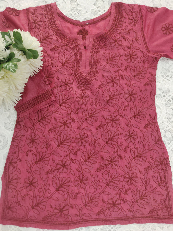 Maroon Silk Chikankari Short kurta