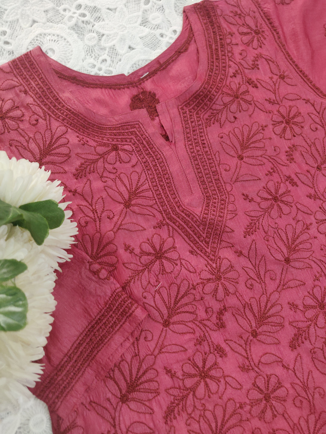 Maroon Silk Chikankari Short kurta