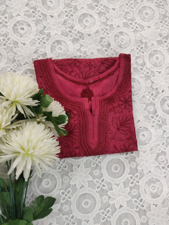 Maroon Silk Chikankari Short kurta