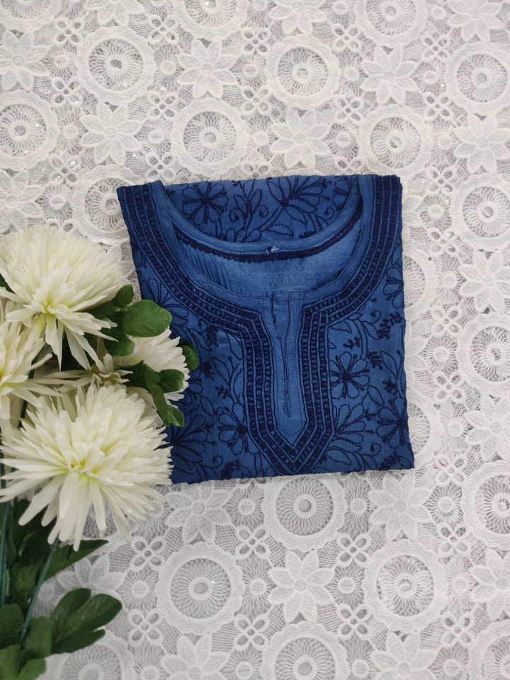 Navy Blue Silk Chikankari Short kurta