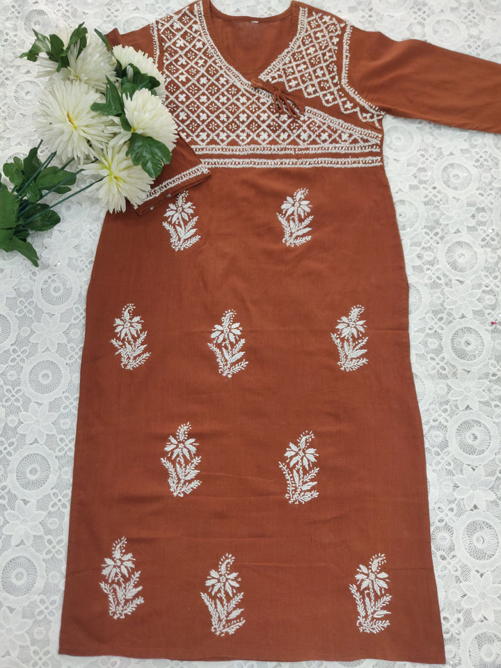 Rust Cotton Chikankari kurta