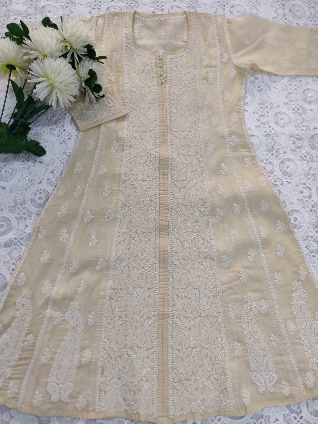 Beige Cotton Chikankari A-line kurta