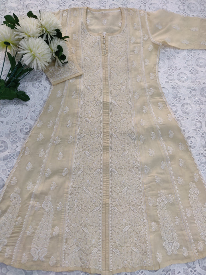 Beige Cotton Chikankari A-line kurta