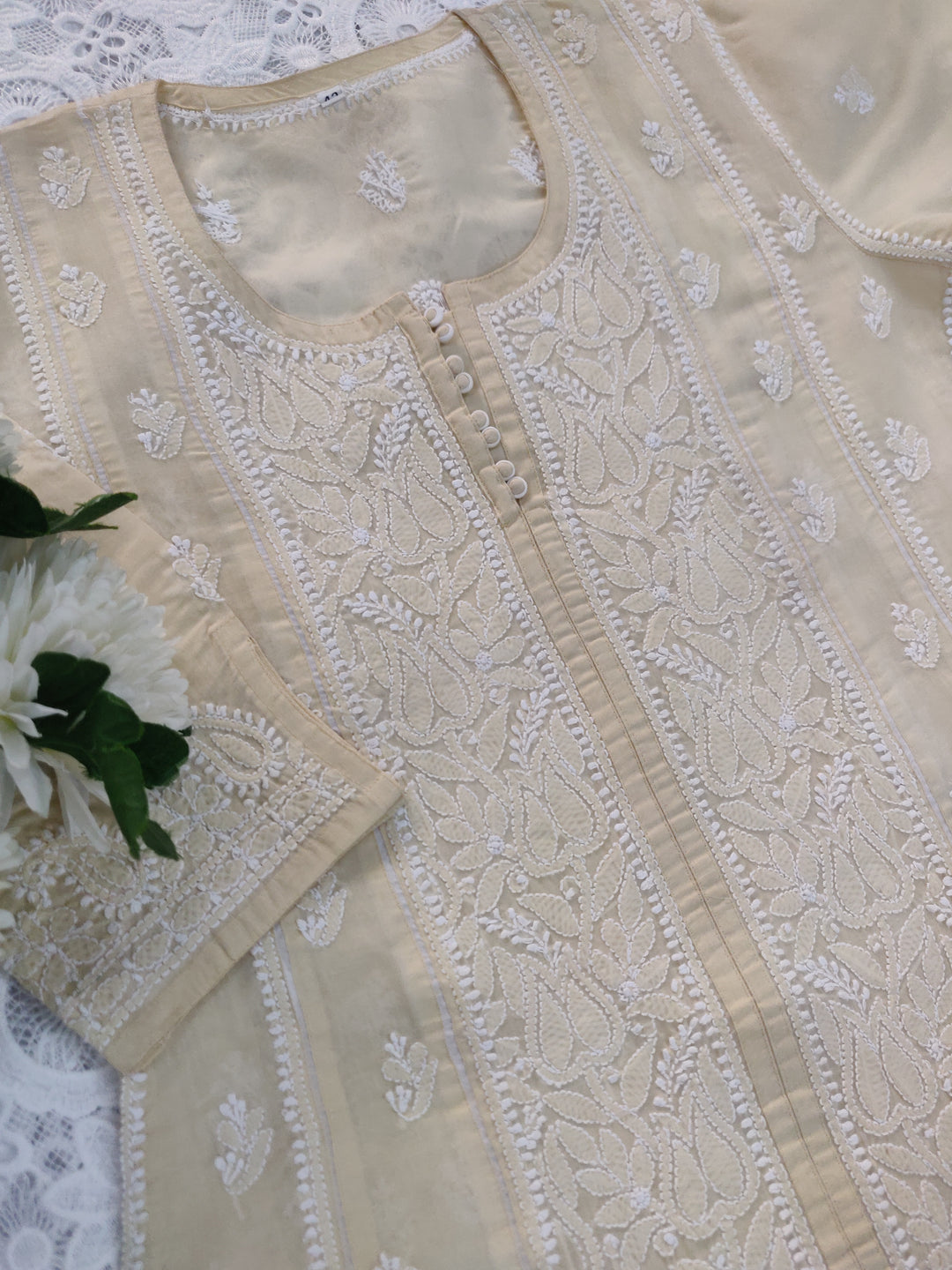 Beige Cotton Chikankari A-line kurta