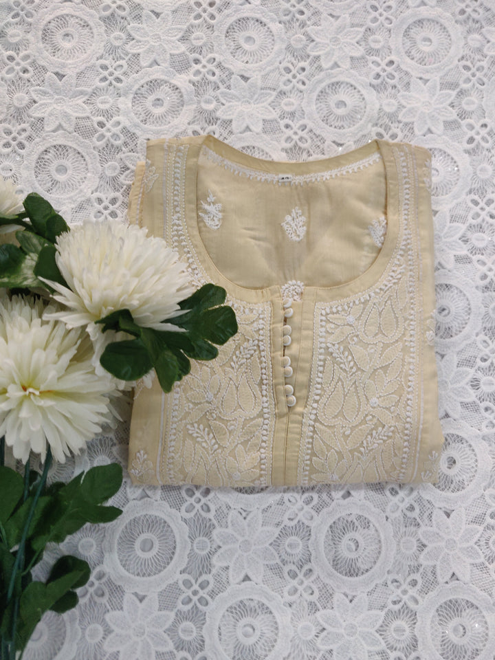 Beige Cotton Chikankari A-line kurta