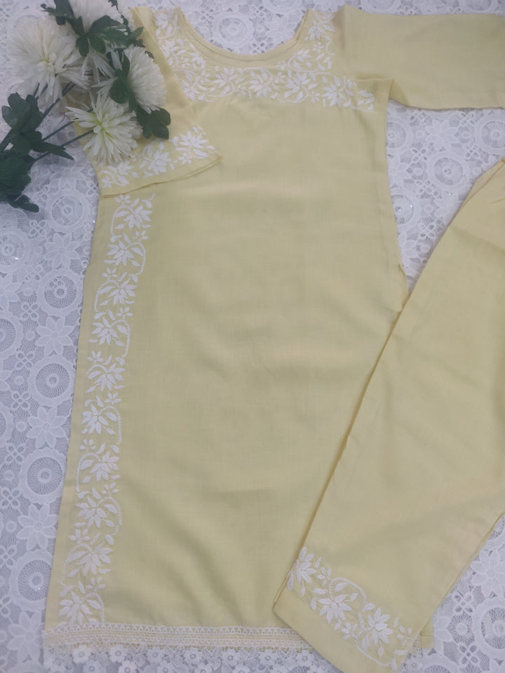 Linen Cotton Light Yellow Chikankari Co-ord Set