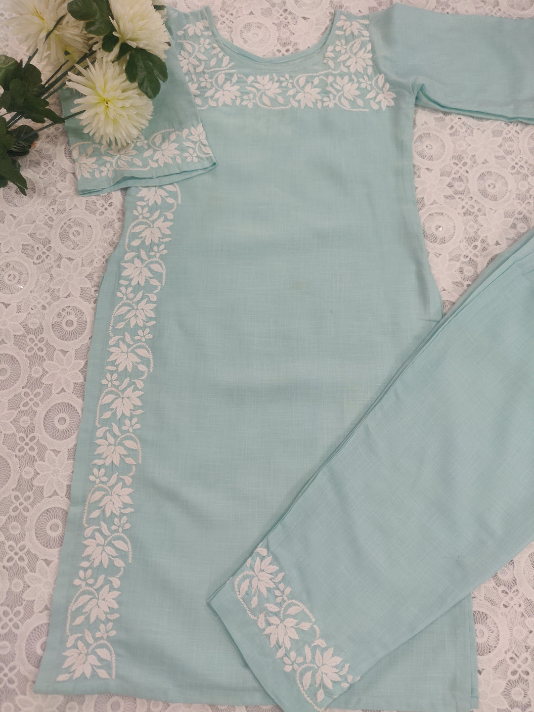 Linen Cotton Light Sky Blue Chikankari CO-ORD Set