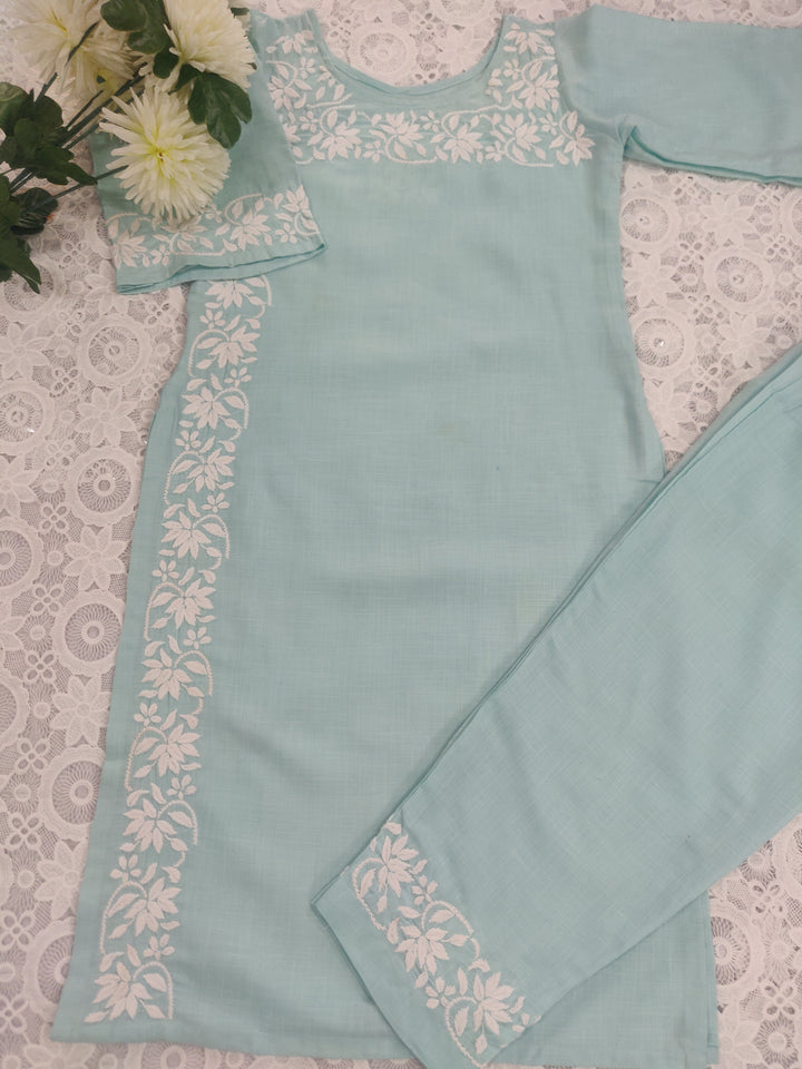 Linen Cotton Light Sky Blue Chikankari CO-ORD Set