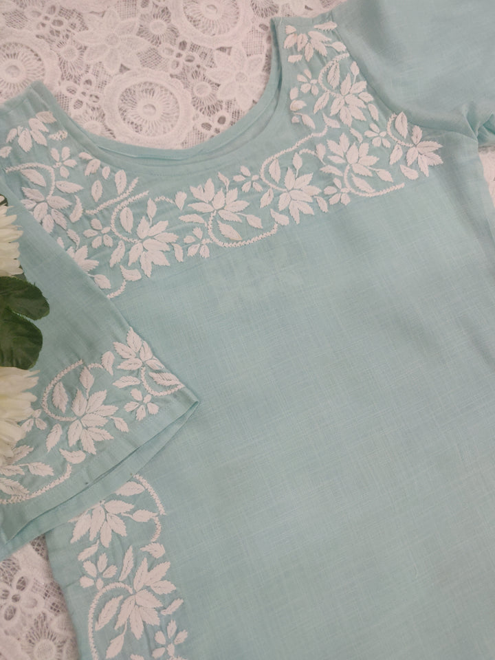 Linen Cotton Light Sky Blue Chikankari CO-ORD Set