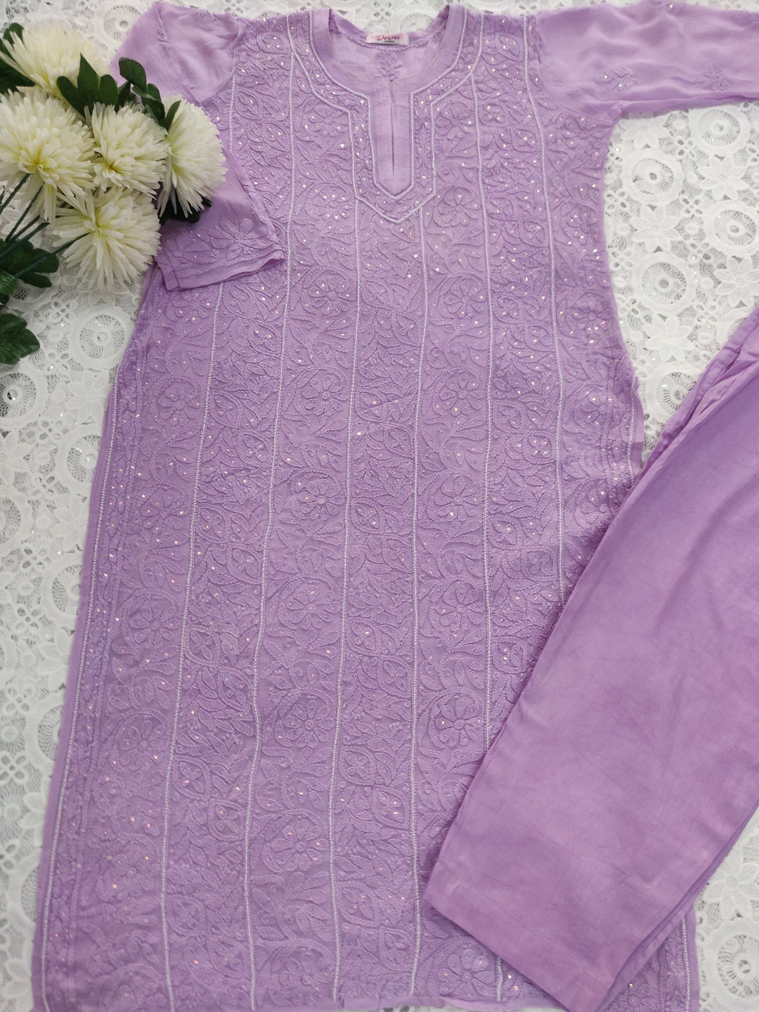 Lavender Georgette Chikankari Suit Set