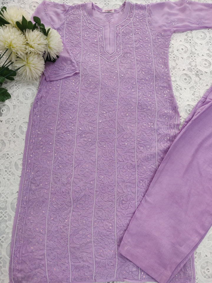 Lavender Georgette Chikankari Suit Set