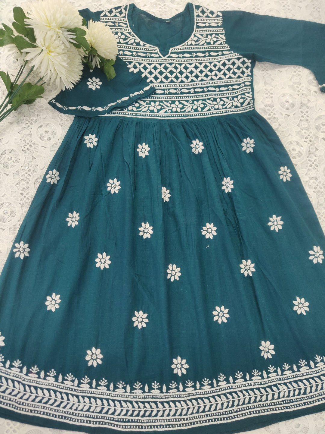 Peacock Blue Cotton Chikankari A-line kurta