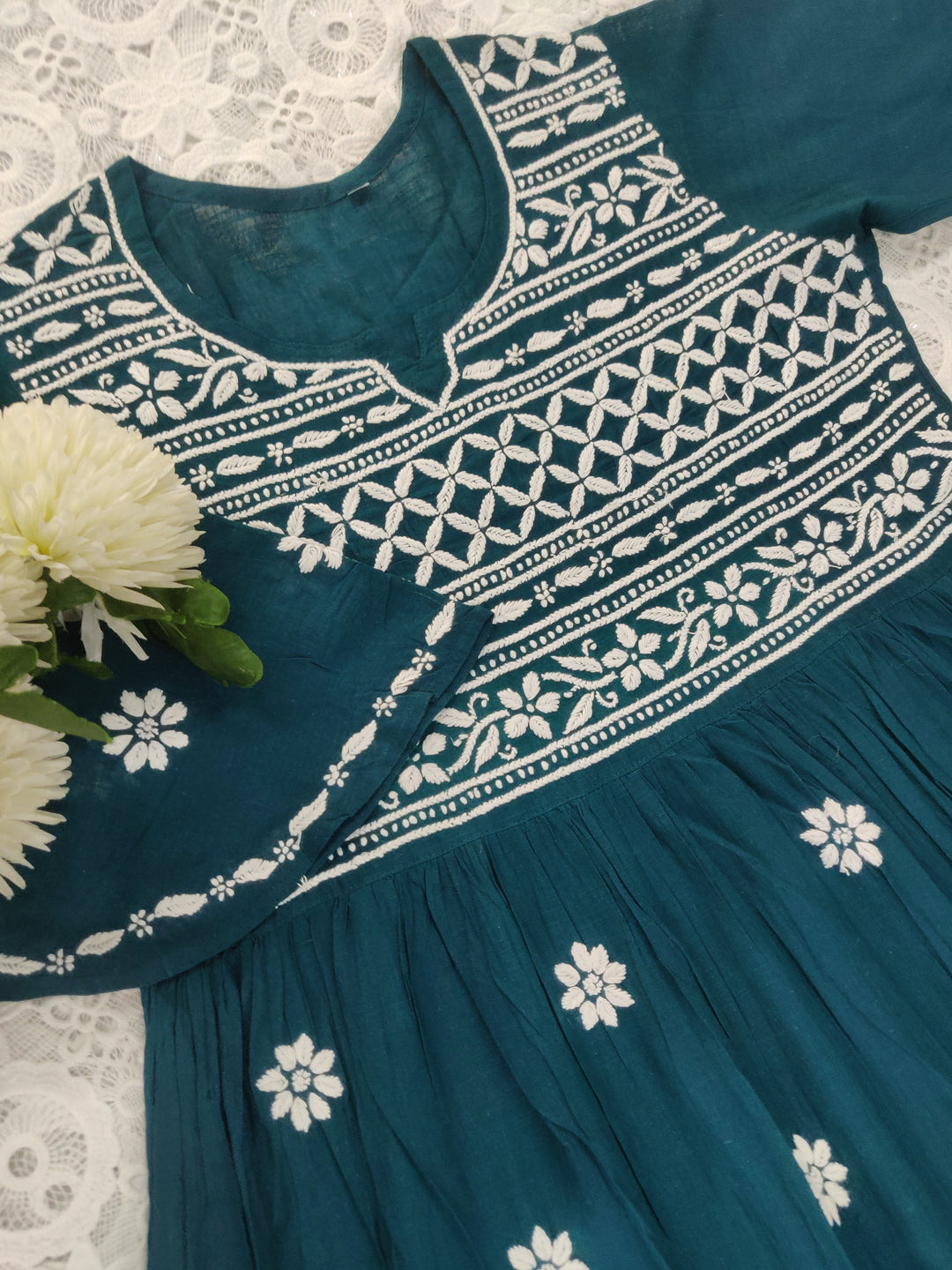 Peacock Blue Cotton Chikankari A-line kurta