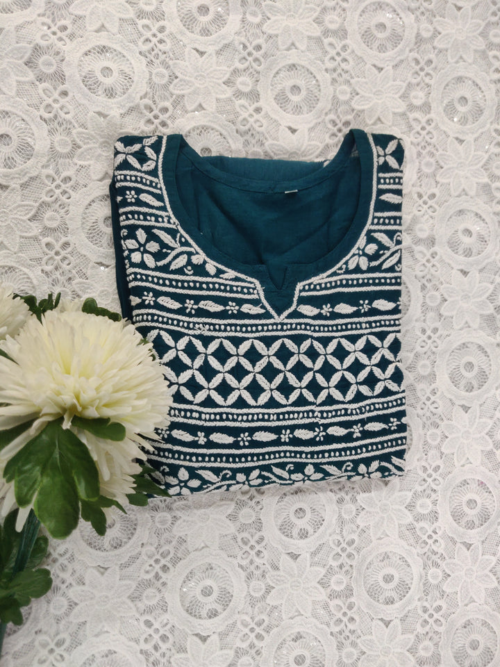 Peacock Blue Cotton Chikankari A-line kurta