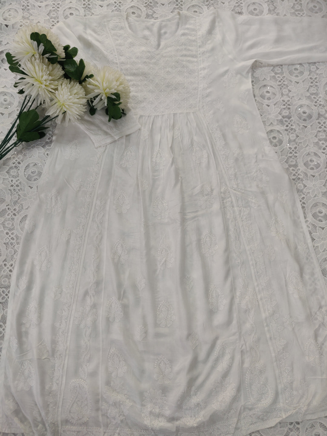 White Chanderi Chikankari A-line kurta