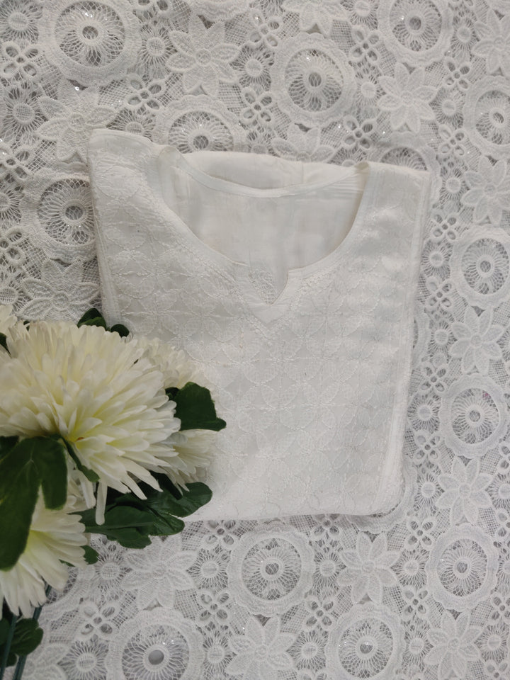 White Chanderi Chikankari A-line kurta