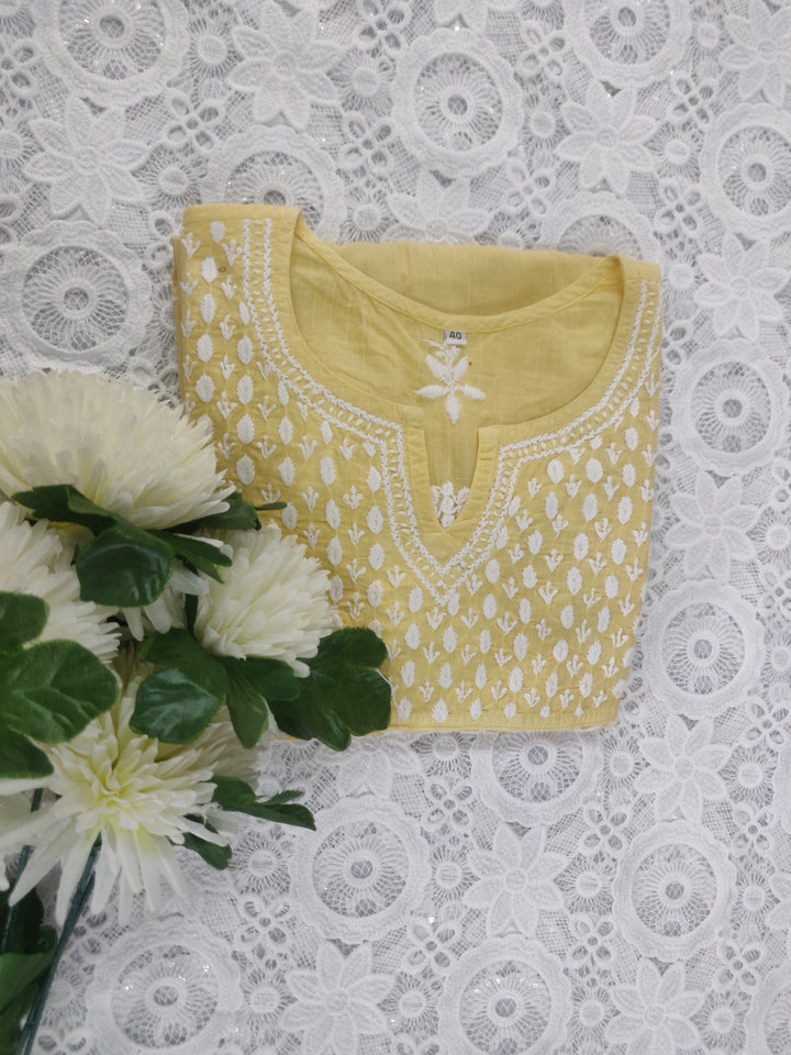 Light Yellow Cotton Chikankari Short kurta