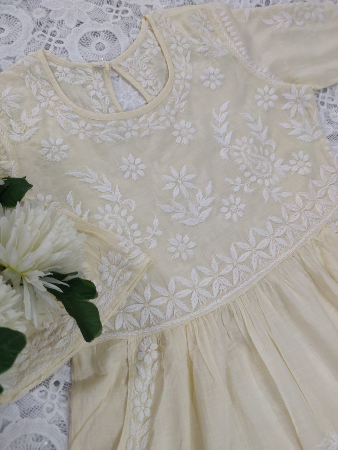 Light Yellow Cotton Chikankari Short kurta