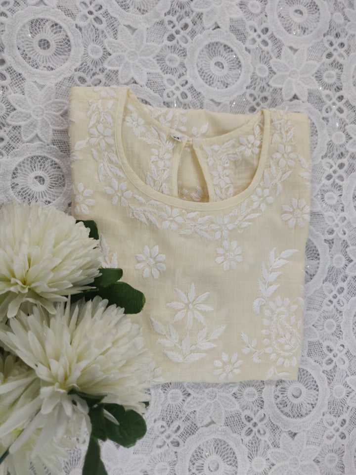 Light Yellow Cotton Chikankari Short kurta