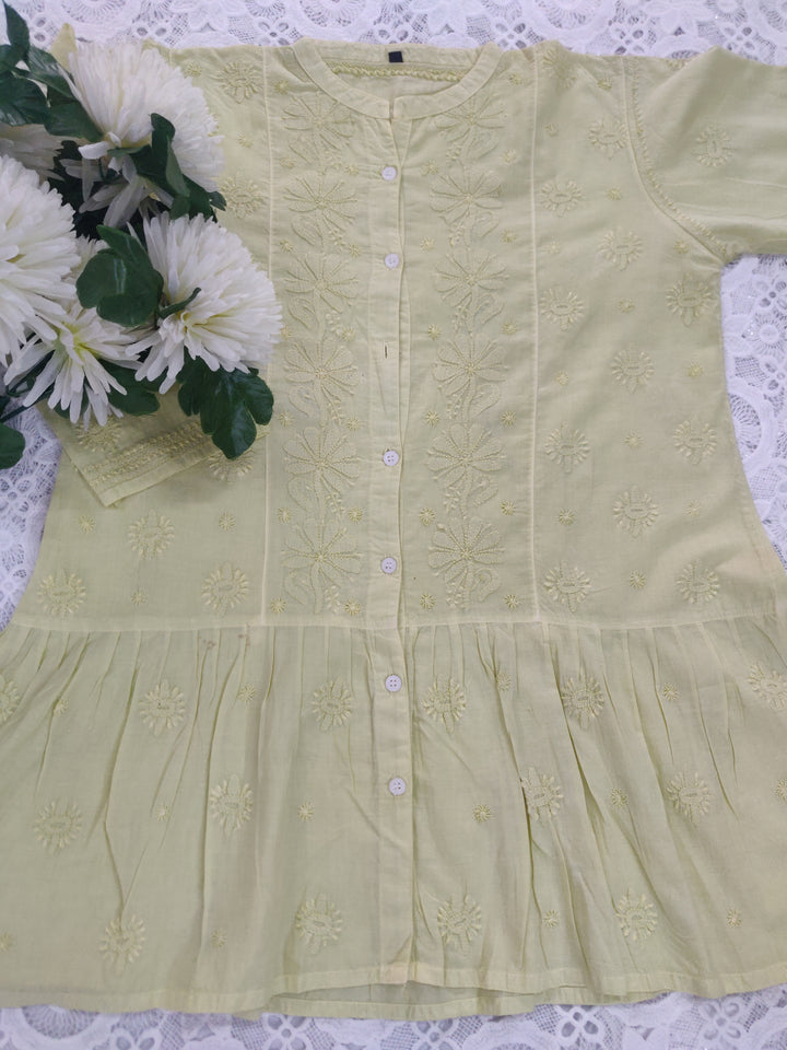 Lime green Cotton Chikankari Short kurta